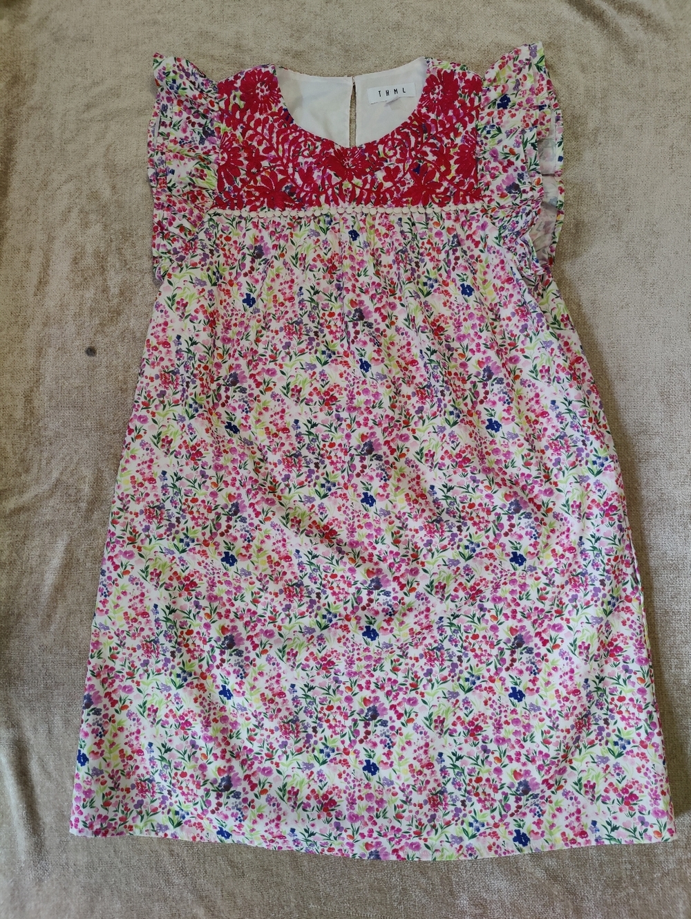THML Floral Embroidered Yoke Summer Floral Print Mini Dress, Size S